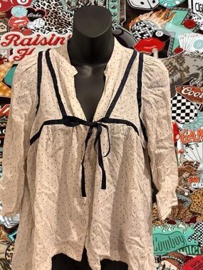 Free people cream Polka Dot Tie-Front Blouse with Navy Trim